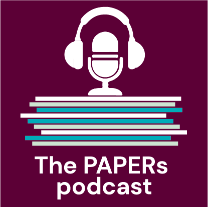 Logo with the text "The papers podcast," featuring an illustration of a microphone with headphones set against a series of horizontal lines that could represent audio levels or papers.
