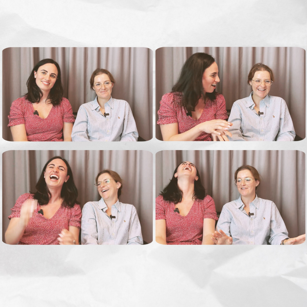 Collage of four photos of Cara and LJ together looking happy, laughing and smiling.