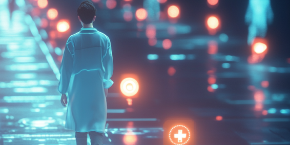 A futuristic scene of a medical trainee walking a glowing pathway, with holographic icons for competencies like 'clinical skills' and 'patient communication' lighting up as they pass. Mentor figures guide the way, set against a backdrop of fading traditional time markers, symbolizing the flexible, innovative journey of competency-based education.