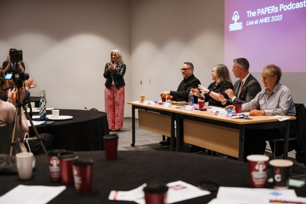 The for hosts and Teresa Sörö, at a live session in AMEE 2023.