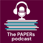 Logo with the text "The papers podcast," featuring an illustration of a microphone with headphones set against a series of horizontal lines that could represent audio levels or papers.