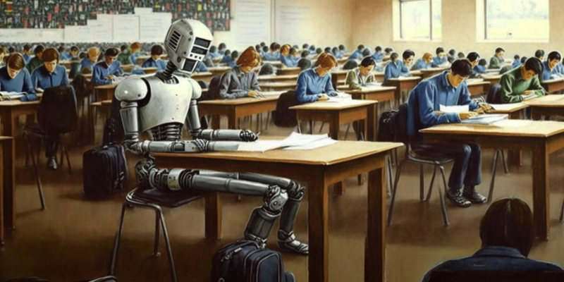 A lone robot sits among a sea of students in an examination hall writing an essay.