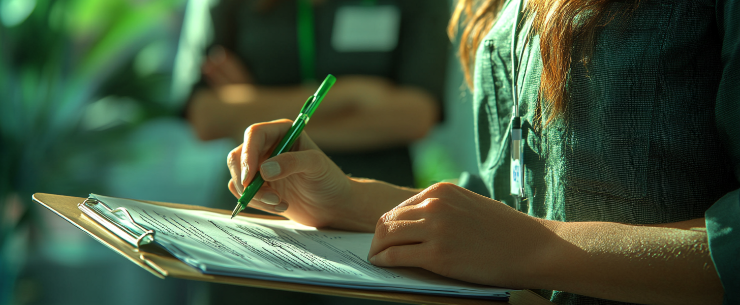 A close-up of a person filling out an official medical assessment form on a clipboard, using a pen, with another person standing in the background wearing a dark green shirt and a lanyard, arms crossed, professional setting,