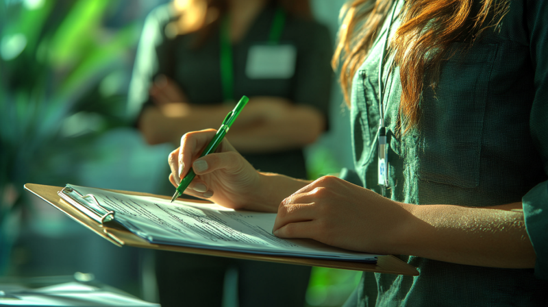 A close-up of a person filling out an official medical assessment form on a clipboard, using a pen, with another person standing in the background wearing a dark green shirt and a lanyard, arms crossed, professional setting,