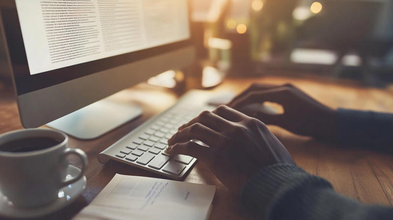 A researcher’s hands typing on a sleek, minimalist keyboard. The computer screen in the background shows faint lines of academic text, slightly blurred. A coffee cup and research notes sit beside the keyboard. The lighting is soft and warm, evoking deep focus.