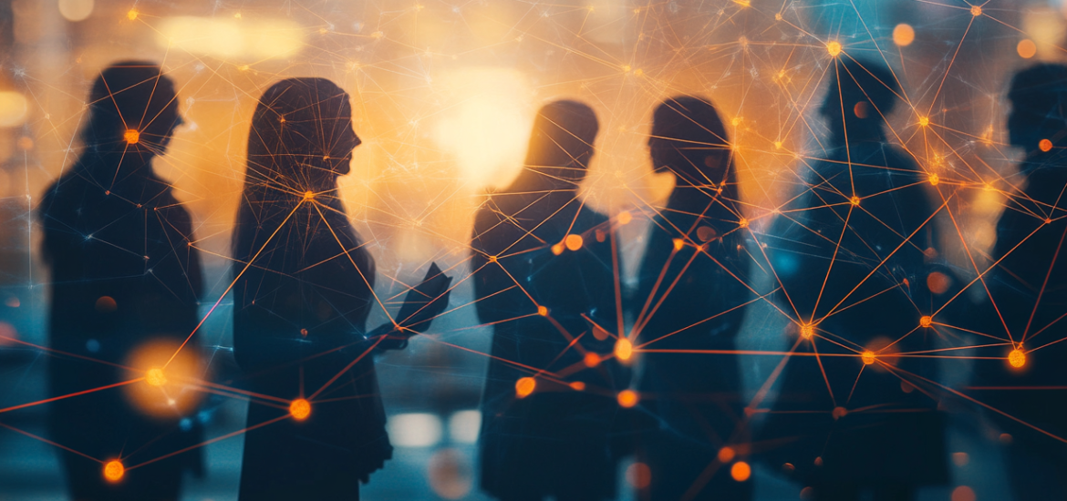 Silhouettes of diverse educators and learners linked by glowing lines, set against a softly lit modern backdrop. Subtle academic elements blend in, with a clean aesthetic in blues, whites, and gold, symbolizing connection and growth.