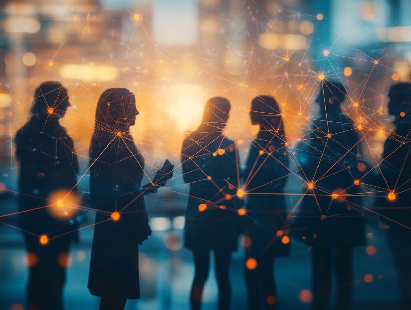 Silhouettes of diverse educators and learners linked by glowing lines, set against a softly lit modern backdrop. Subtle academic elements blend in, with a clean aesthetic in blues, whites, and gold, symbolizing connection and growth.