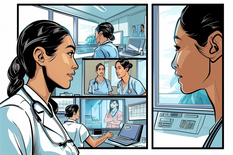 A female healthcare professional is depicted in various settings, illustrated in a comic book style: working at a computer, consulting with a colleague, and reflecting on her work.