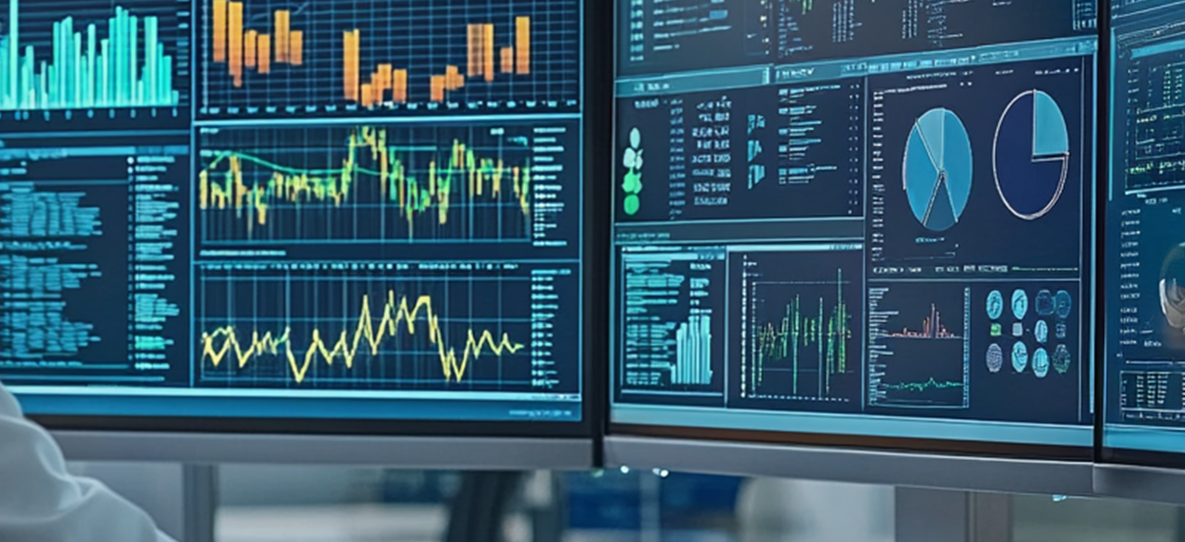 A researcher analyzing large datasets on a computer screen, surrounded by graphs, charts, and data tables.