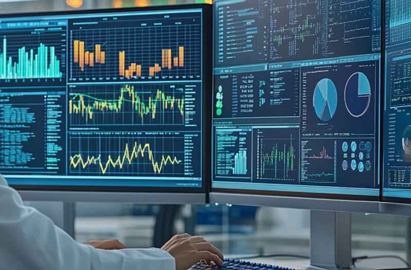 A researcher analyzing large datasets on a computer screen, surrounded by graphs, charts, and data tables.