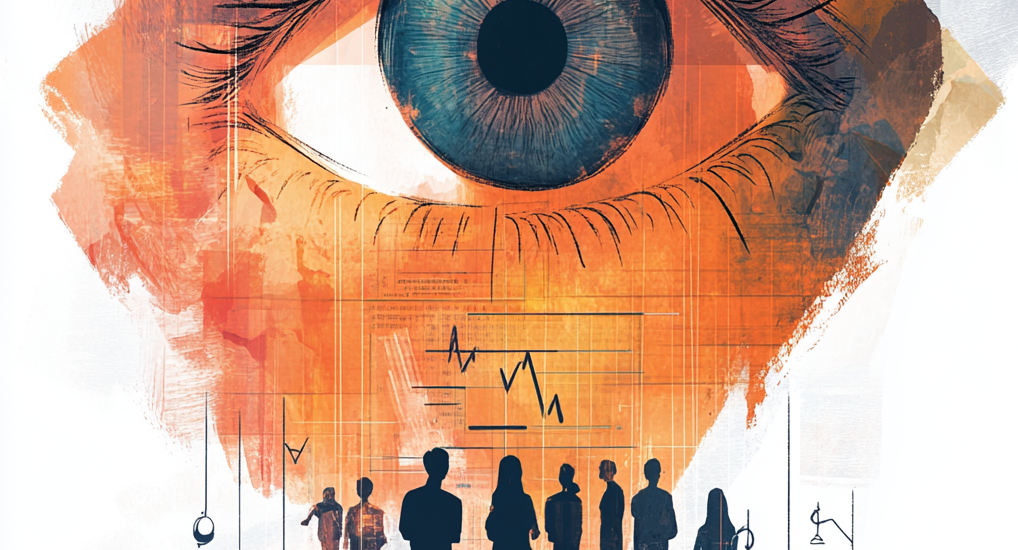 An abstract representation of a medical evaluation, with a large human eye at the center, sorriunded by visual elements like floating scales or transparent medical charts. Faint, glowing lines connect the eye to a group of diverse clinical supervisors and students.