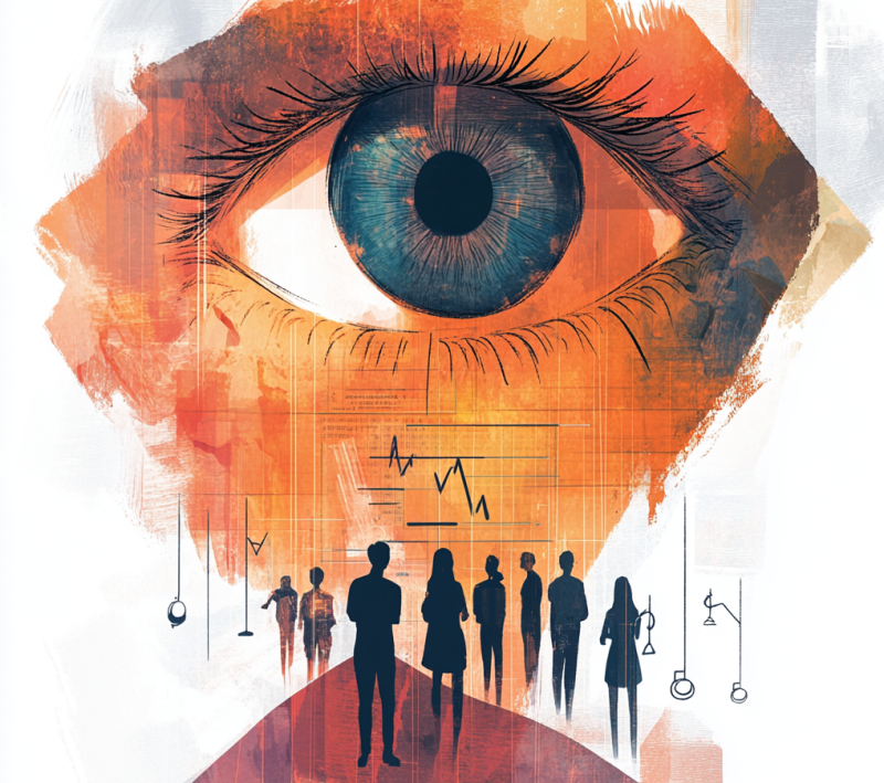 An abstract representation of a medical evaluation, with a large human eye at the center, sorriunded by visual elements like floating scales or transparent medical charts. Faint, glowing lines connect the eye to a group of diverse clinical supervisors and students.