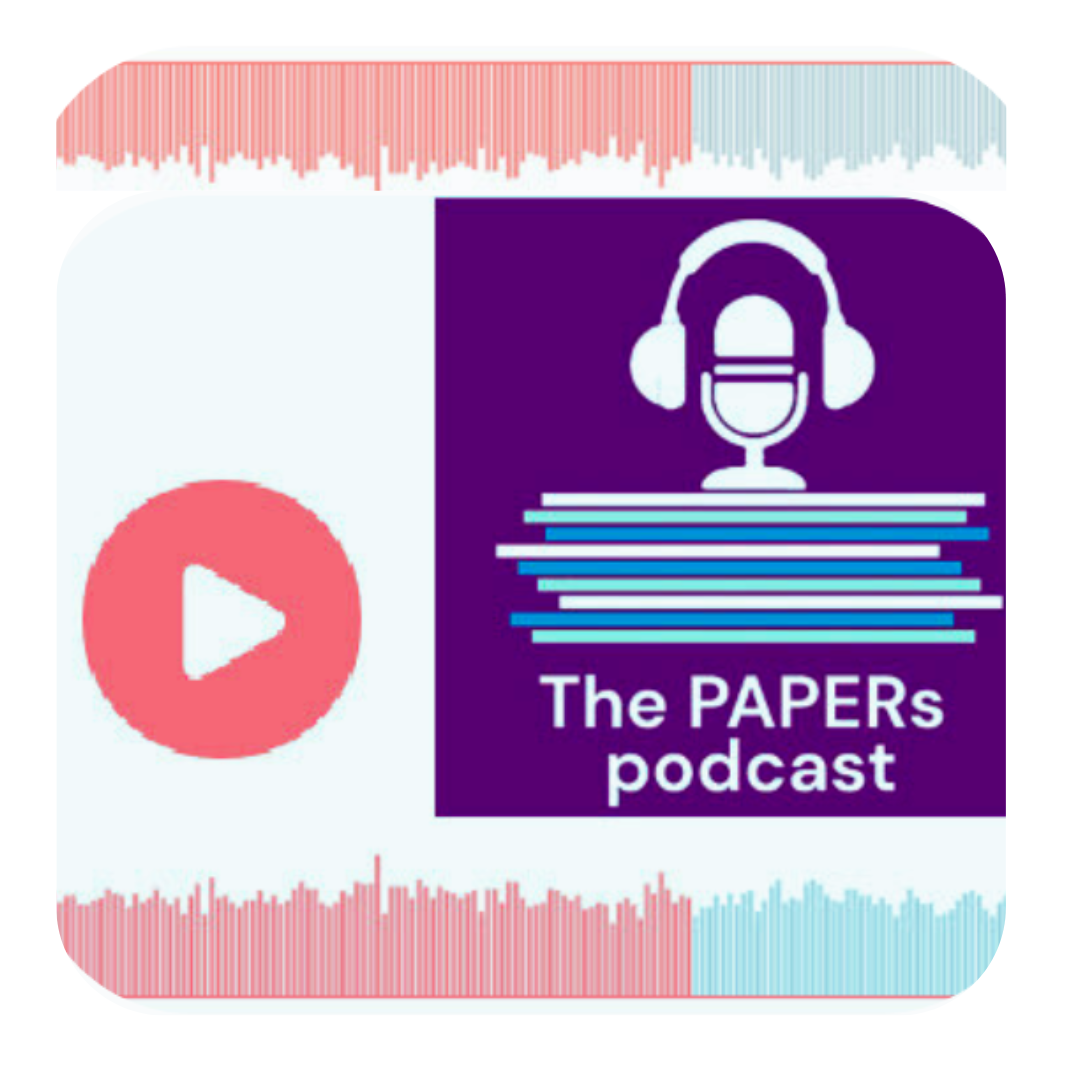 PapersPodcast-logo with a microphone, headphones and a play-button.