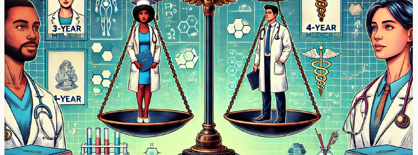 . A doctor and a nurse weigh themselves on scales, with various medical symbols in the background, representing healthcare.