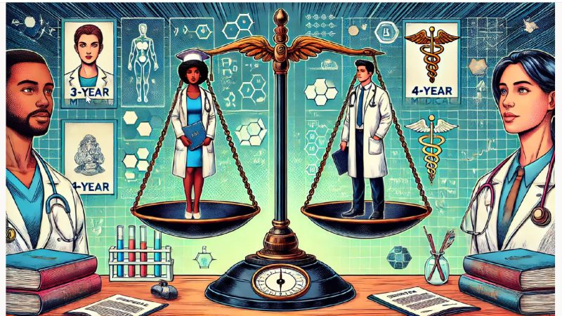 . A doctor and a nurse weigh themselves on scales, with various medical symbols in the background, representing healthcare.