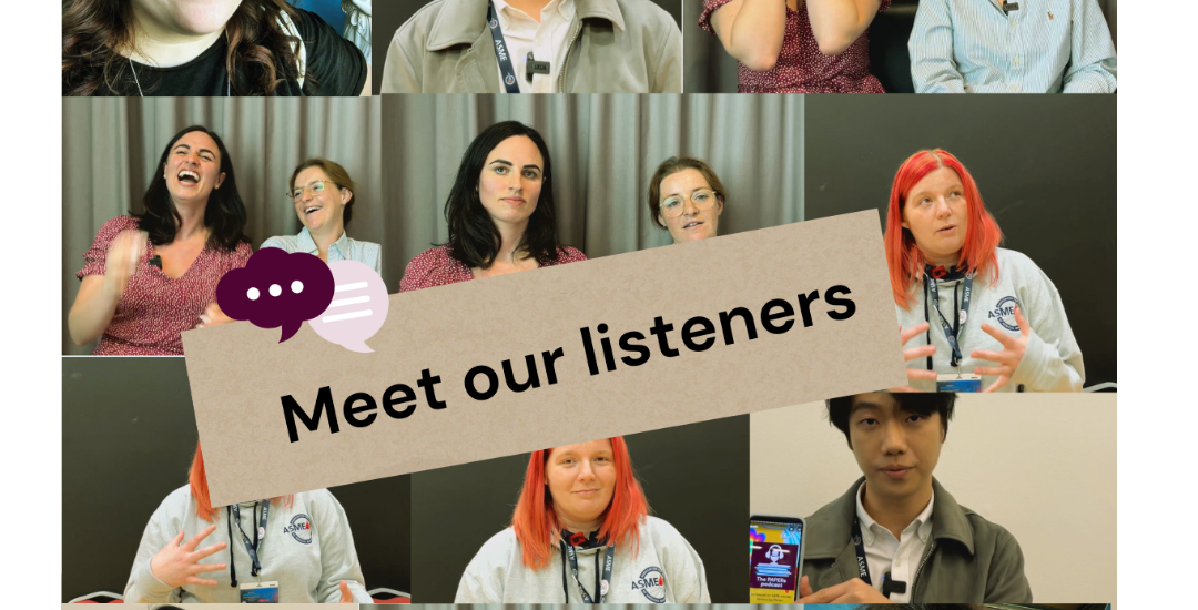 Collage of pictures with our listeners in different poses looking happy, smiling, and the text Meet our listeners besides a speech bubble and a thought bubble.