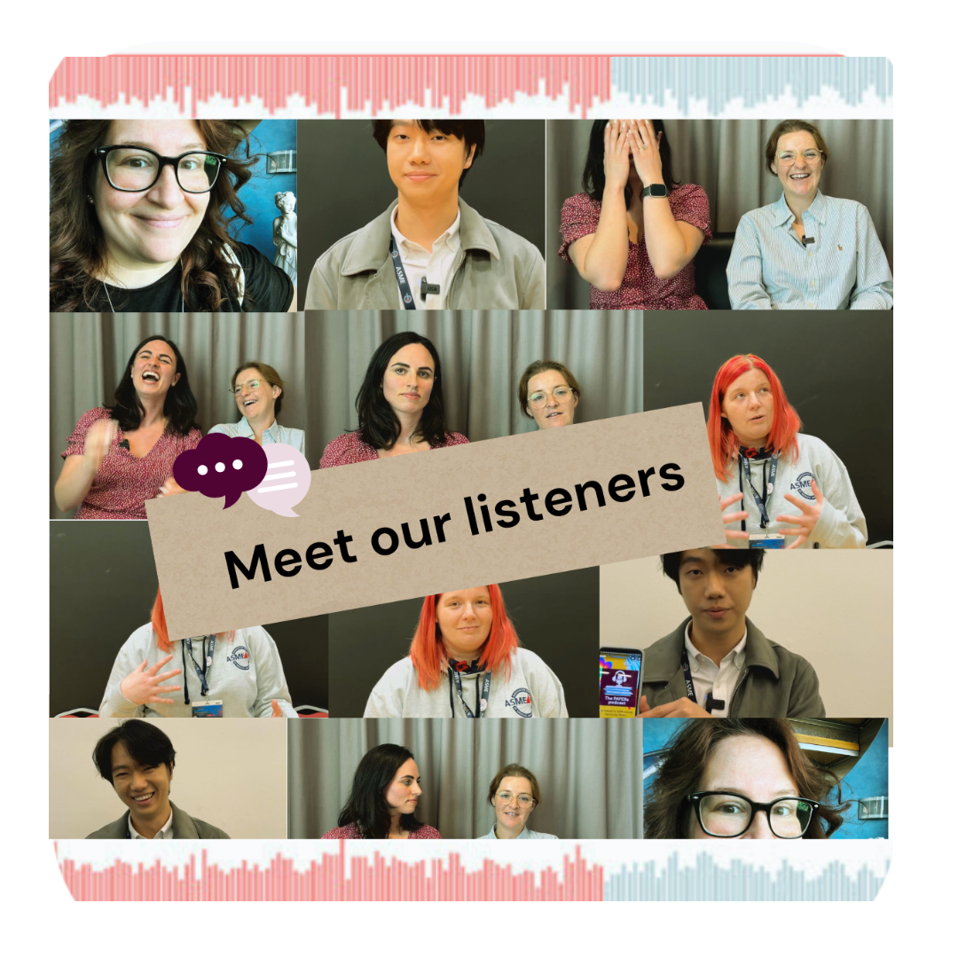 Collage of pictures with our listeners in different poses looking happy, smiling, and the text Meet our listeners besides a speech bubble and a thought bubble.