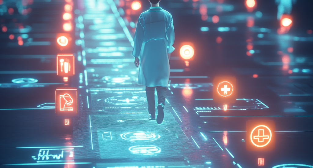 A futuristic scene of a medical trainee walking a glowing pathway, with holographic icons for competencies like 'clinical skills' and 'patient communication' lighting up as they pass. Mentor figures guide the way, set against a backdrop of fading traditional time markers, symbolizing the flexible, innovative journey of competency-based education.