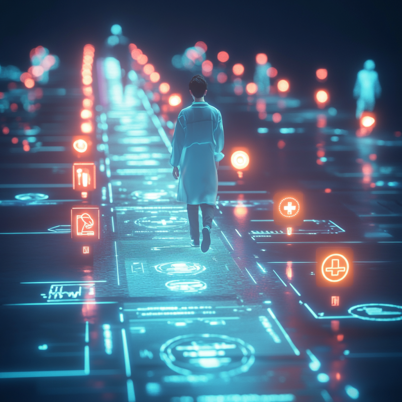 A futuristic scene of a medical trainee walking along a glowing pathway, symbolizing the journey of mastery in competency-based education. Holographic icons for competencies like 'clinical skills' and 'patient communication' light up as the trainee passes. The path is free of clocks, highlighting the flexible nature of time in CBE. Mentor figures guide the trainee forward, set against a backdrop of fading traditional time markers. The scene has a cinematic, sci-fi aesthetic, emphasizing progress and innovation in medical education.