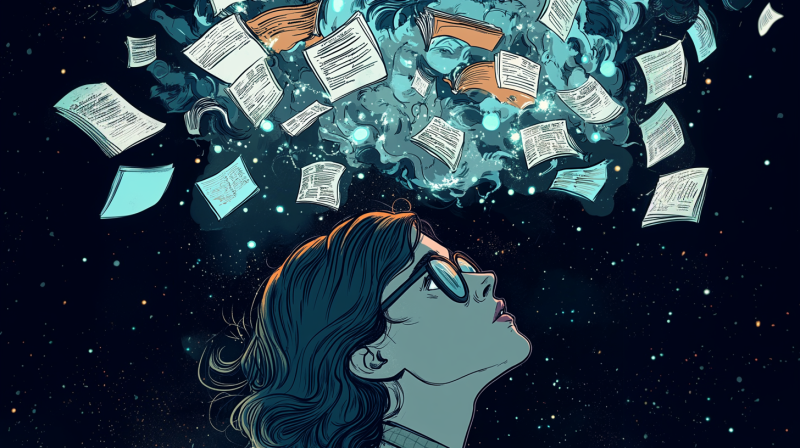 Graphic novel style image of a person that is thinking hard and electronic articles are flying around above her.