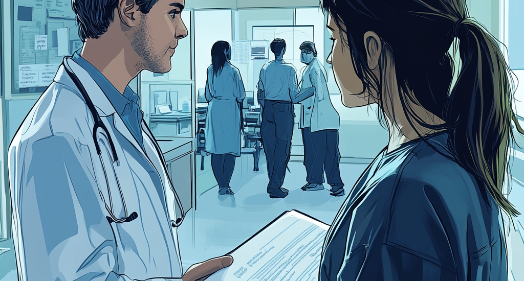 A student and a clinical supervisor engage in a conversation in a hospital setting, discussing patient care and medical procedures.