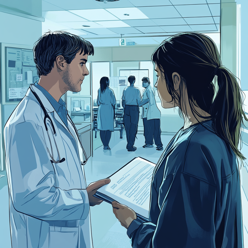 A student and a clinical supervisor engage in a conversation in a hospital setting, discussing patient care and medical procedures.