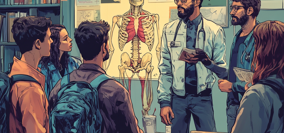 Group of medical students and educators discussing anatomy with a skeleton model and educational materials in a classroom setting.