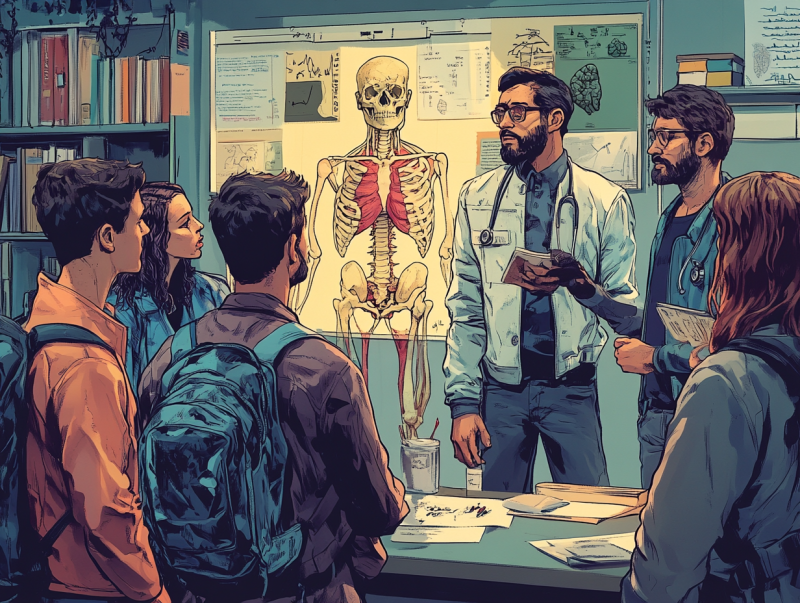 Group of medical students and educators discussing anatomy with a skeleton model and educational materials in a classroom setting.