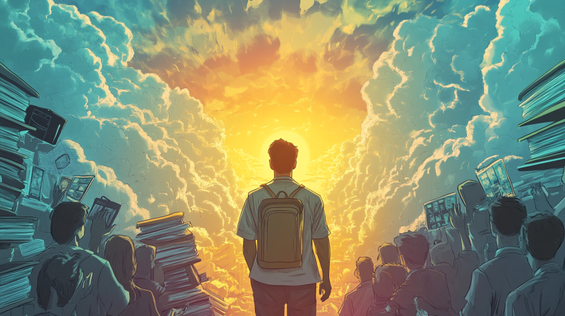 A medical educator at a crossroads in a realistic comic style: one path shows challenges (paperwork, crowded classrooms, hospital monitors), the other hope (engaged students, glowing book, supportive hands). A sunrise breaks through stormy clouds, symbolizing perseverance. The educator stands confidently, bridging both paths.