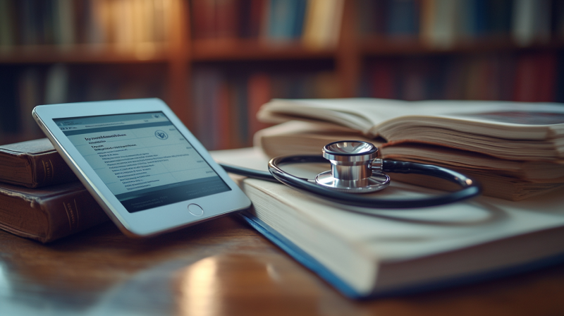 A close-up still life of a stethoscope resting on a stack of medical textbooks, next to a digital tablet displaying a medical learning app, soft golden light, wooden desk.