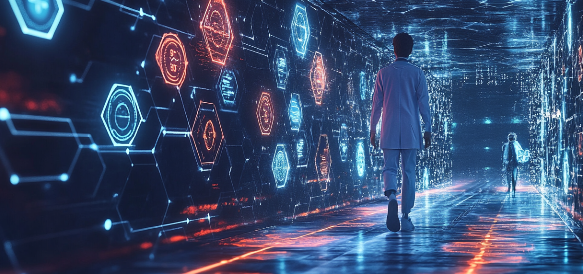 A futuristic scene of a medical trainee walking a glowing pathway, with holographic icons for competencies like 'clinical skills' and 'patient communication' lighting up as they pass. Mentor figures guide the way, set against a backdrop of fading traditional time markers, symbolizing the flexible, innovative journey of competency-based education.