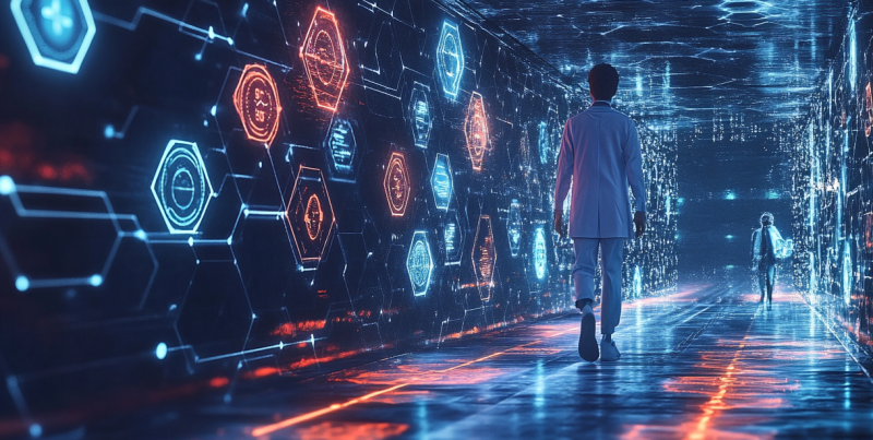 A futuristic scene of a medical trainee walking a glowing pathway, with holographic icons for competencies like 'clinical skills' and 'patient communication' lighting up as they pass. Mentor figures guide the way, set against a backdrop of fading traditional time markers, symbolizing the flexible, innovative journey of competency-based education.